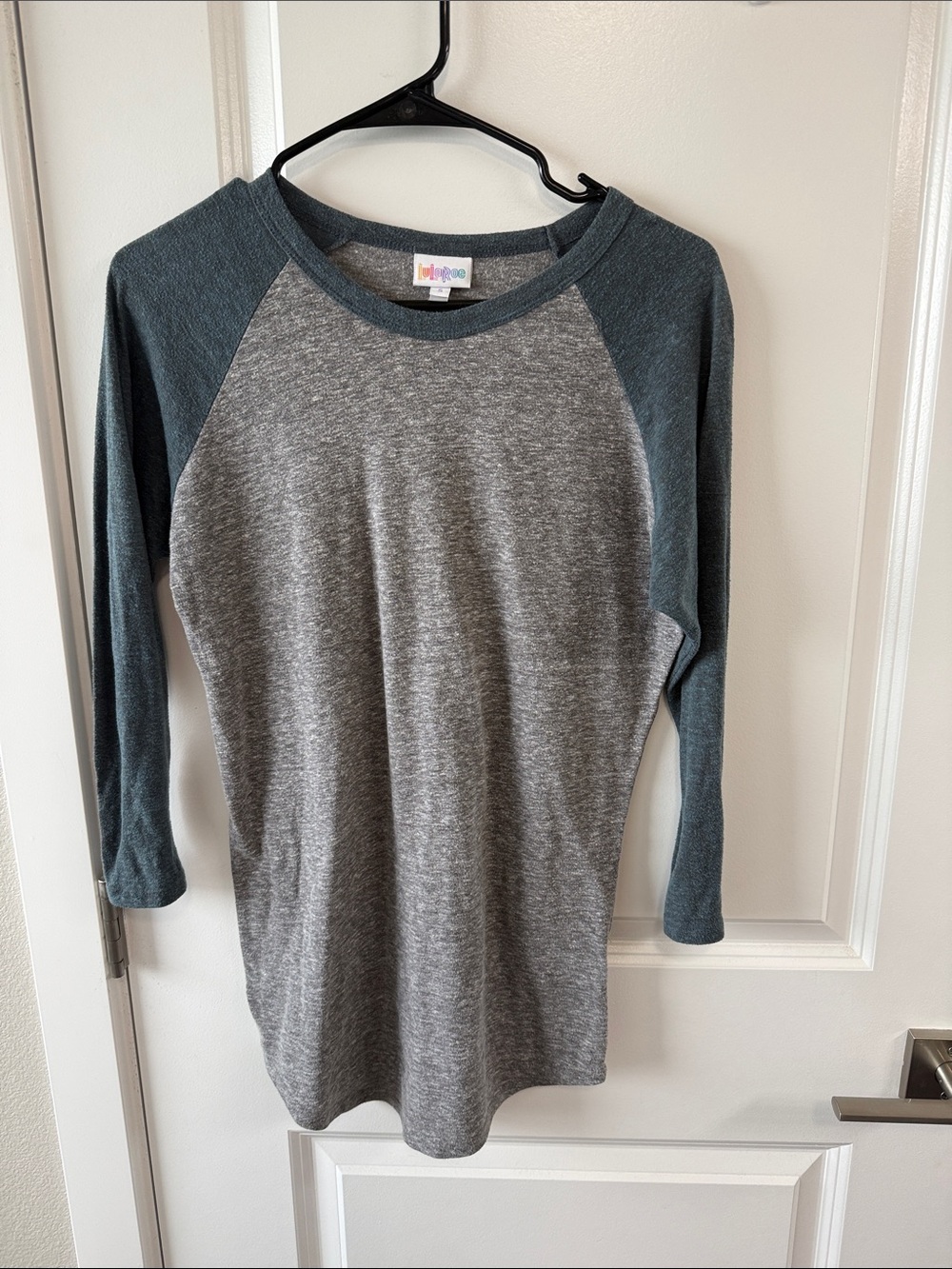 LuLaRoe Gray Heather and Dark Teal Raglan Long Sleeve Tee